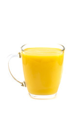 Fresh Orange Juice in a Glass Mug on a White Background