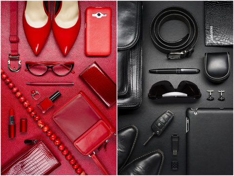 Woman and man accessories, fashion industry, modern life concept, clothes, shoes, gadget, jewelry, cosmetic, other luxury objects on red and black leather background 