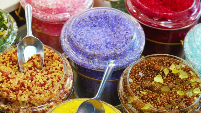 bath salts soaks closeup bathsalt in various scents in jars at shop store