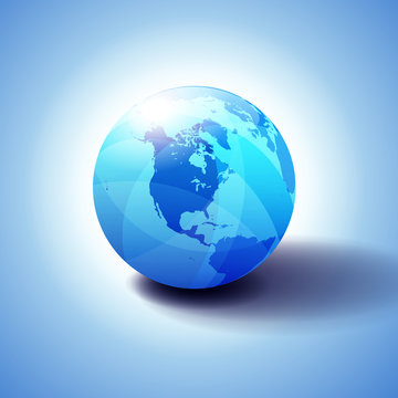 America Background with Globe Icon 3D illustration, Glossy, Shiny Sphere with Global Map in Subtle Blues giving a transparent feel.