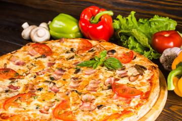 Pizza with mushrooms and bacon