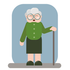 Smiling old woman in old clothes with cane and glasses