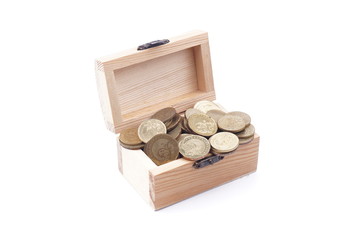 wooden treasure chest with coins