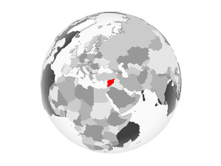 Syria on grey globe isolated