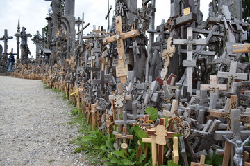 Famous Hill of Crosses in Lithuania.  Wooden crosses and crucifixes at the Hill of Crosses in Siauliai. Shallow DOF