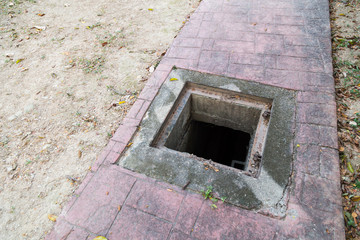 Missing manhole cover in the middle of walkway is dangerous