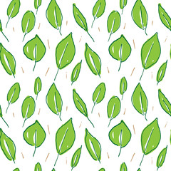 Naklejka premium Hand Drawn Green Leaves As Seamless Pattern.