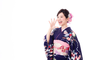 portrait of young asian woman wearing purple kimono on white background