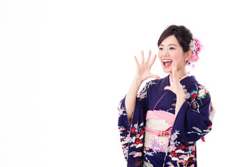 portrait of young asian woman wearing purple kimono on white background