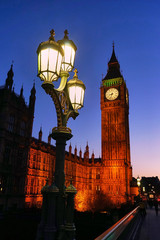 Fototapeta na wymiar Big Ben (Elizabeth Tower) and Street Light at Twilight and Sunset Hour from Westminster Bridge in London United Kingdom 