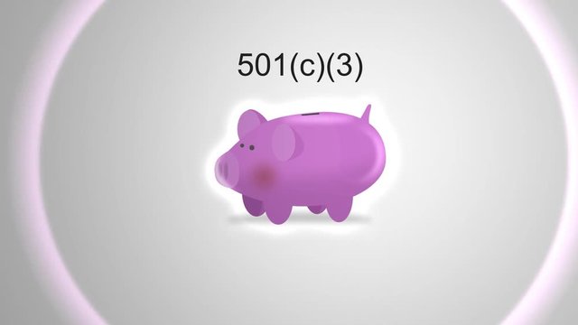 Camera pans by piggy bank for finance concept - 501(c)(3) typography