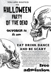Halloween costume party invitation and greeting card, flyer, banner, poster template. Hand drawn skull and bones elements and handwritten ink lettering. Lot of space for text. Vector.