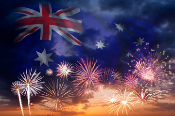 Fireworks and flag of Australia - Powered by Adobe