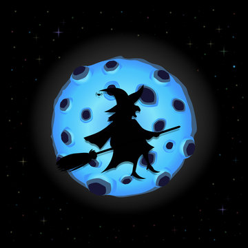 Black silhouette of witch on broomstick with cat flying on night sky background with full blue moon
