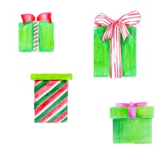 Raster set of different green gift boxes. Flat design.