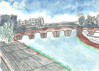 Watercolor bridge across the Vardar River