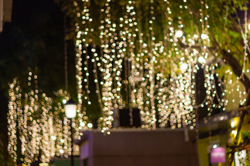 Blur - bokeh - Decorative outdoor string lights hanging on tree in the garden at night time - decorative christmas lights - happy new year 
