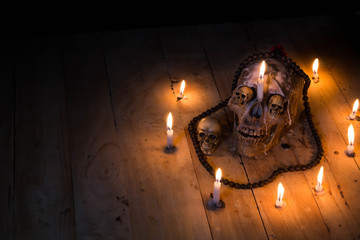 Human skulls lay on wooden floor and black background.