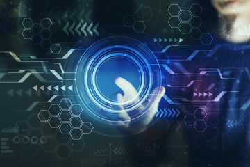 Circle interface with young man pointing on a dark background