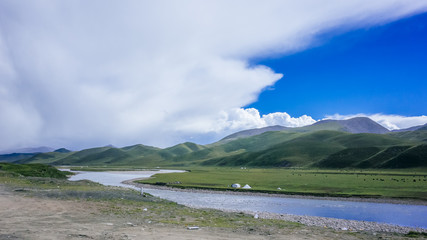 Fototapeta premium Nomadic tents by river on meadows in Qinghai, China