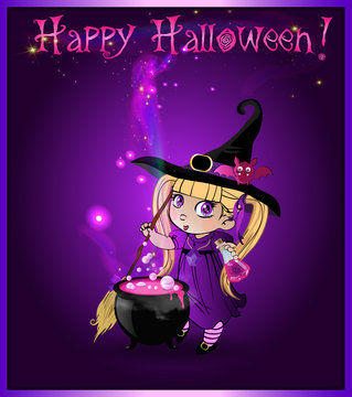 Happy halloween card with little witch girl with broom and cauldron on purple background
