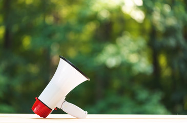 A megaphone on a shiny green forest background