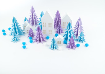 Christmas tree blue lilac paper white background