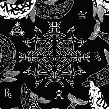 Seamless pattern with gothic symbols and dolphins on black. Esoteric, occult and mysterious concept with sacred geometry elements, graphic vector illustration 