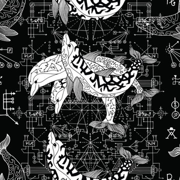 Seamless pattern with three dolphins and sacred geometry. Esoteric, occult and mysterious concept with sacred geometry elements, graphic vector illustration 