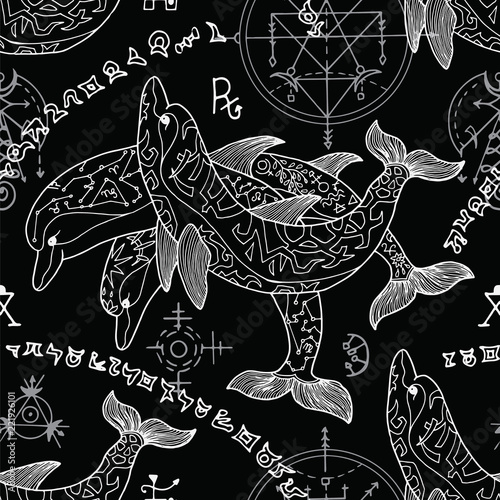 Seamless Background With Silhouettes Of Dolphins And Mystic - 