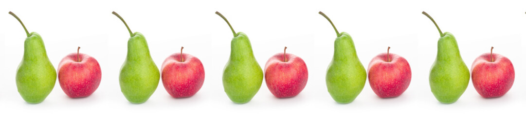 panorama ripe green pears and red apples on a white background