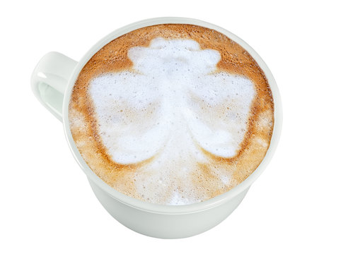 Latte, an image of a butterfly on coffee, in a white cup. Isolate on white background, image, photo, drink.