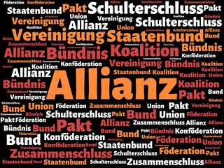Das Wort - Allianz - abgebildet in einer Wortwolke mit zusammenhängenden Wörtern - obrazy, fototapety, plakaty