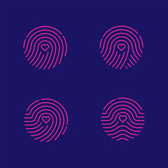 Fingerprint scan icon set with Love Heart symbol dash line design illustration blue and green isolated on dark blue background with Fingerprint text and copy space, vector eps10
