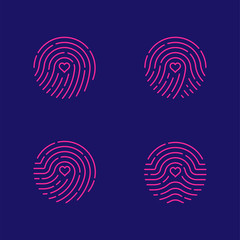 Fingerprint scan icon set with Love Heart symbol dash line design illustration blue and green isolated on dark blue background with Fingerprint text and copy space, vector eps10