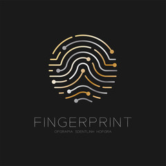 Fingerprint scan logo icon dash line design illustration gold and silver isolated on black background with Fingerprint text and copy space, vector eps10 - 221931336
