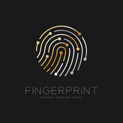 Fingerprint scan logo icon dash line design illustration gold and silver isolated on black background with Fingerprint text and copy space, vector eps10 - 221931359