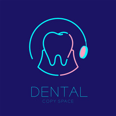 Dental clinic logo icon tooth with mouth mirror circle frame outline stroke set illustration dash line design isolated on dark blue background with dental text and copy space