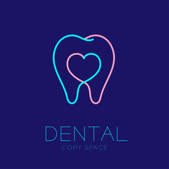 Dental clinic logo icon tooth with heart sign outline stroke design illustration isolated on dark blue background with dental text and copy space