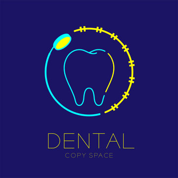 Dental clinic logo icon tooth with mouth mirror and braces circle frame outline stroke set illustration dash line design isolated on dark blue background with dental text and copy space