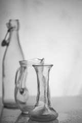 Empty glasses, black and white photo.  Set of empty glasses.
