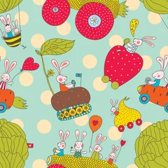 Wallpaper murals Animals in transport Funny bunnies harvest. Cute children seamless pattern.