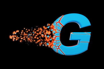Broken shattered fast sporty alphabet letter G uppercase. Crushed speedy racing font. 3D render isolated on black background.