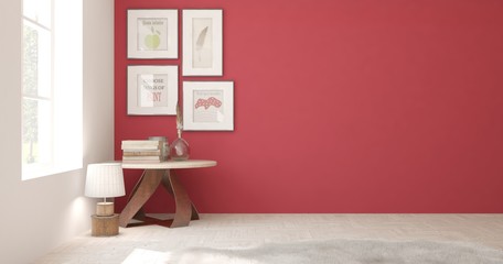 Mock up of red empty room. Scandinavian interior design. 3D illustration