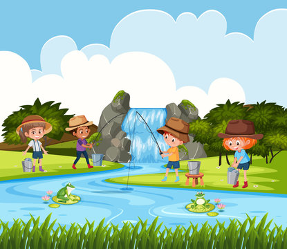 Children fishing in outdoor scene