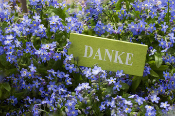 DANKE Schriftzug auf grünem Schildchen in blauen Blüten