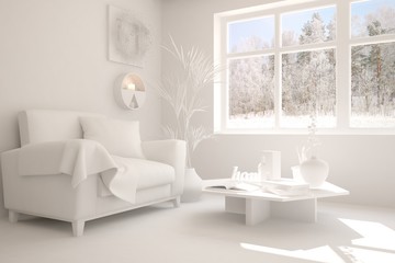 White room with armchair and winter landscape in window. Scandinavian interior design. 3D illustration