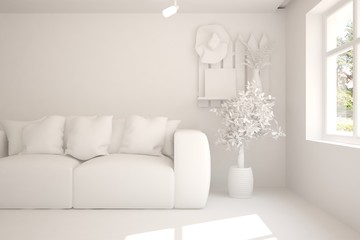 White room with sofa. Scandinavian interior design. 3D illustration