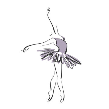 art sketched beautiful young ballerina with tutu in ballet pose on studio on white background