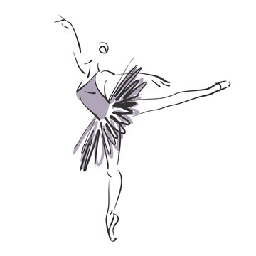 art sketched beautiful young ballerina with tutu in ballet pose on white background
